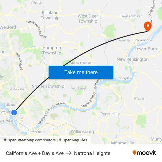 California Ave + Davis Ave to Natrona Heights map