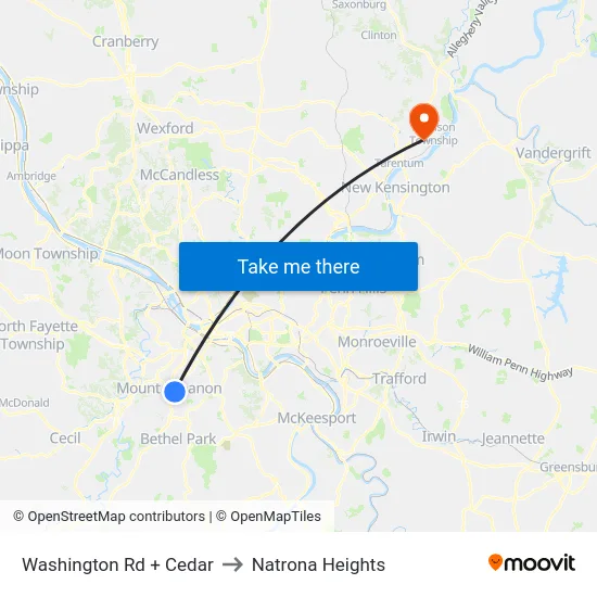 Washington Rd + Cedar to Natrona Heights map