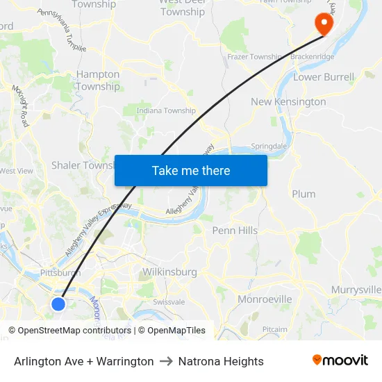 Arlington Ave + Warrington to Natrona Heights map