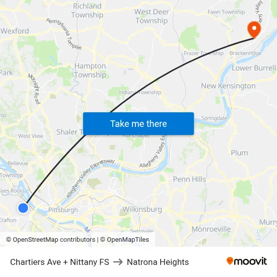 Chartiers Ave + Nittany FS to Natrona Heights map