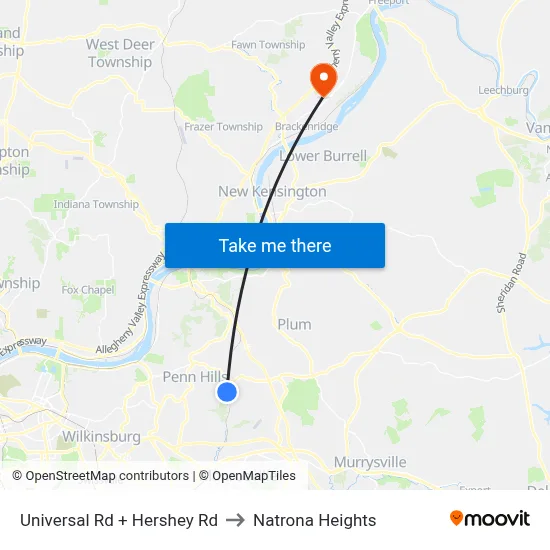 Universal Rd + Hershey Rd to Natrona Heights map