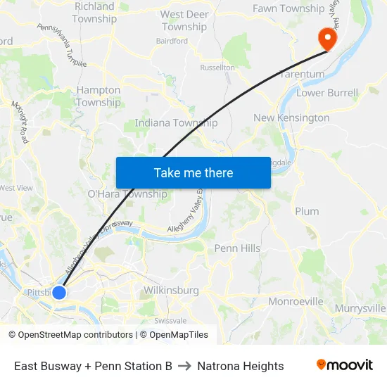 East Busway + Penn Station B to Natrona Heights map