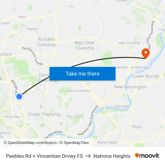 Peebles Rd + Vincentian Drvwy FS to Natrona Heights map