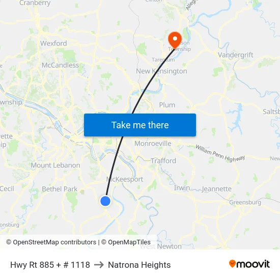 Hwy Rt 885 + # 1118 to Natrona Heights map