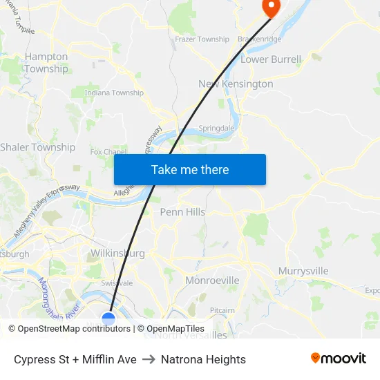 Cypress St + Mifflin Ave to Natrona Heights map