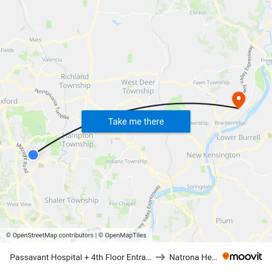 Passavant Hospital + 4th Floor Entrance Bldg T to Natrona Heights map