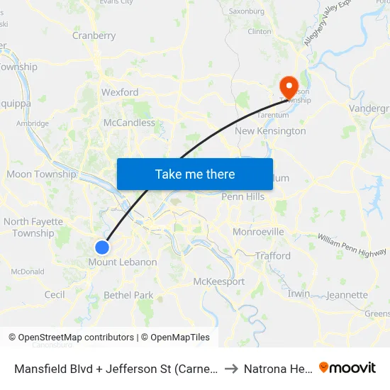 Mansfield Blvd + Jefferson St (Carnegie Station) to Natrona Heights map