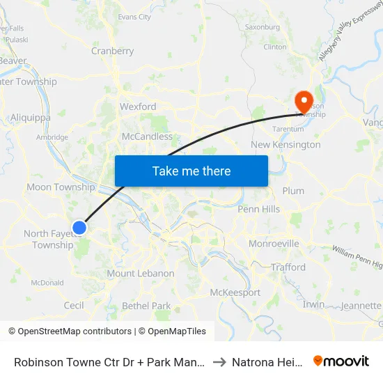 Robinson Towne Ctr Dr + Park Manor Blvd to Natrona Heights map