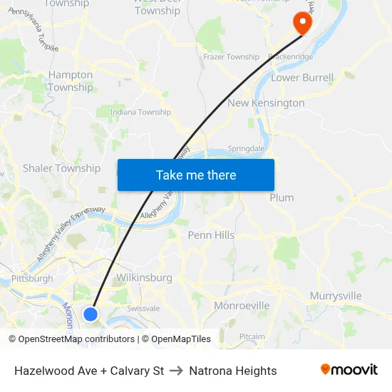 Hazelwood Ave + Calvary St to Natrona Heights map
