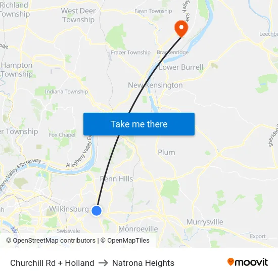 Churchill Rd + Holland to Natrona Heights map