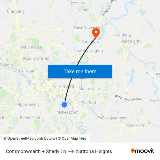 Commonwealth + Shady Ln to Natrona Heights map