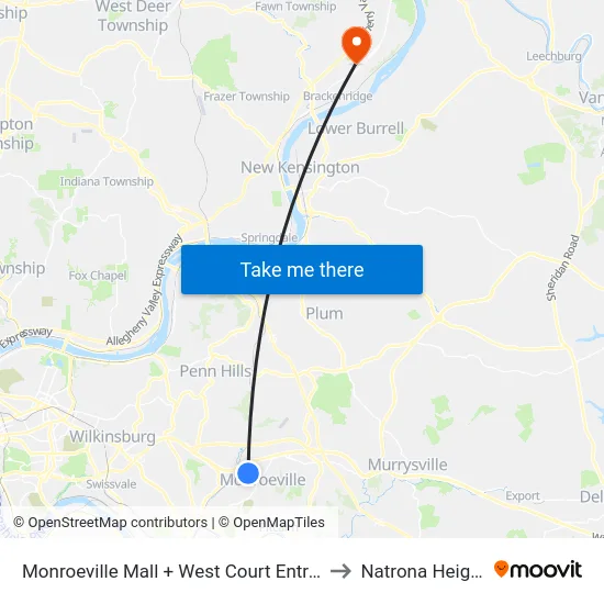 Monroeville Mall + West Court Entrance to Natrona Heights map