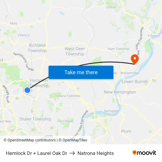 Hemlock Dr + Laurel Oak Dr to Natrona Heights map