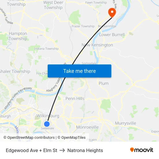 Edgewood Ave + Elm St to Natrona Heights map