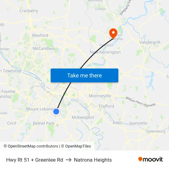 Hwy Rt 51 + Greenlee Rd to Natrona Heights map
