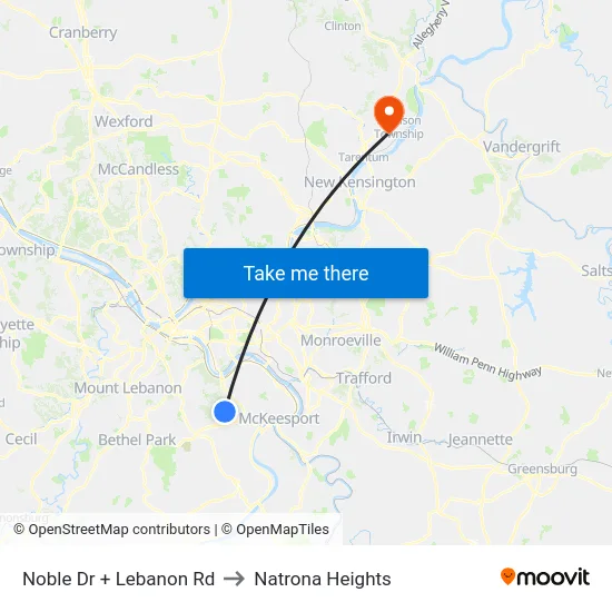 Noble Dr + Lebanon Rd to Natrona Heights map
