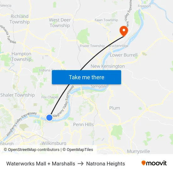 Waterworks Mall + Marshalls to Natrona Heights map