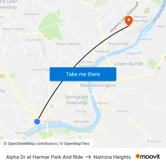 Alpha Dr at Harmar Park And Ride to Natrona Heights map
