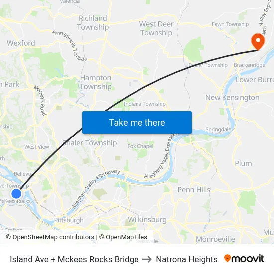 Island Ave + Mckees Rocks Bridge to Natrona Heights map
