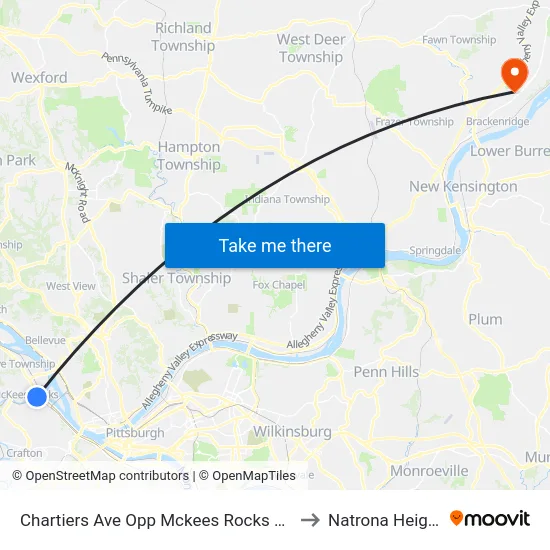 Chartiers Ave Opp Mckees Rocks Plaza to Natrona Heights map