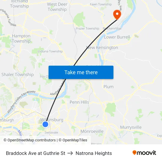 Braddock Ave at Guthrie St to Natrona Heights map
