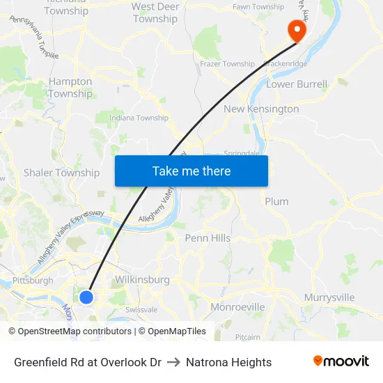 Greenfield Rd at Overlook Dr to Natrona Heights map