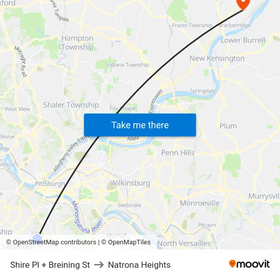 Shire Pl + Breining St to Natrona Heights map