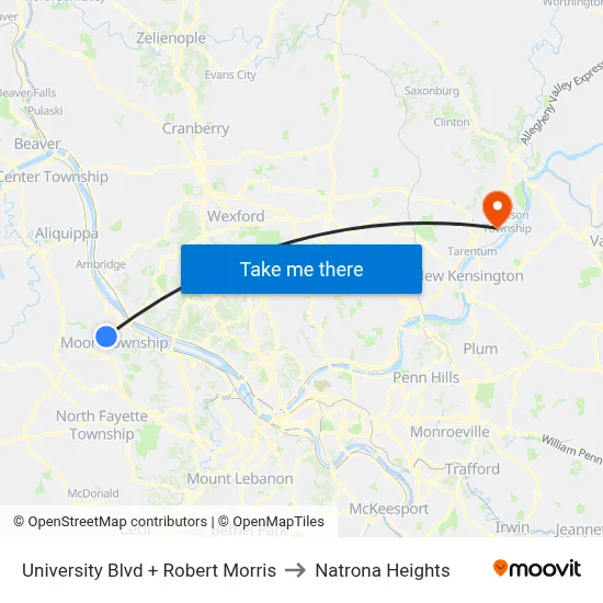 University Blvd + Robert Morris to Natrona Heights map