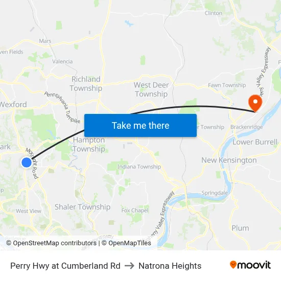 Perry Hwy at Cumberland Rd to Natrona Heights map