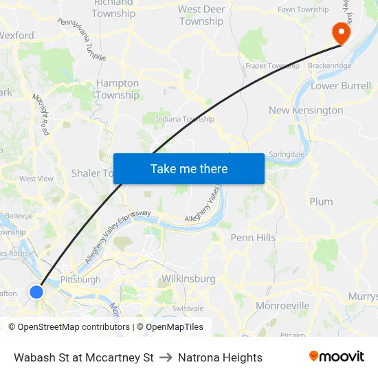 Wabash St at Mccartney St to Natrona Heights map