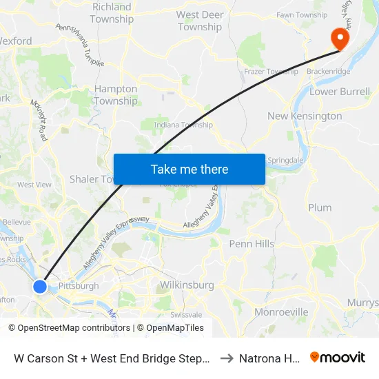 W Carson St + West End Bridge Steps (Underpass) to Natrona Heights map
