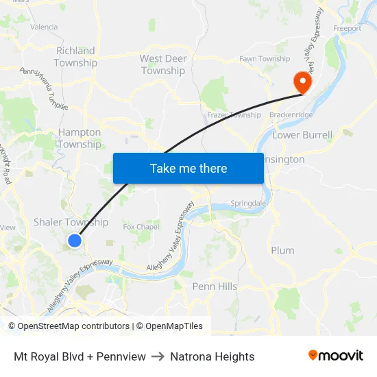 Mt Royal Blvd + Pennview to Natrona Heights map