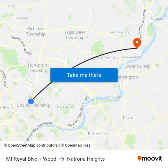 Mt Royal Blvd + Wood to Natrona Heights map