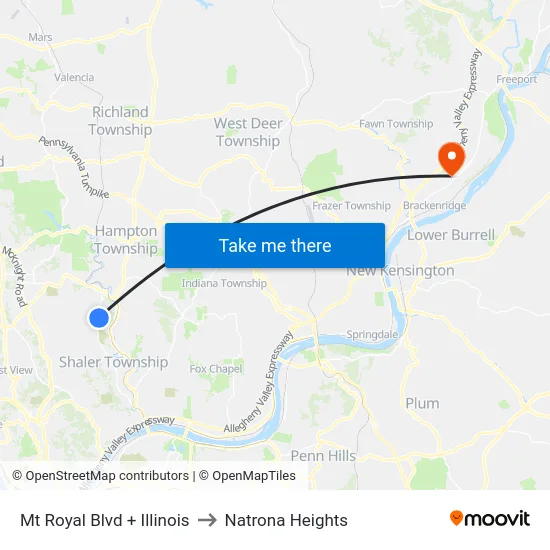 Mt Royal Blvd + Illinois to Natrona Heights map