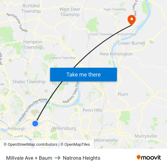 Millvale Ave + Baum to Natrona Heights map