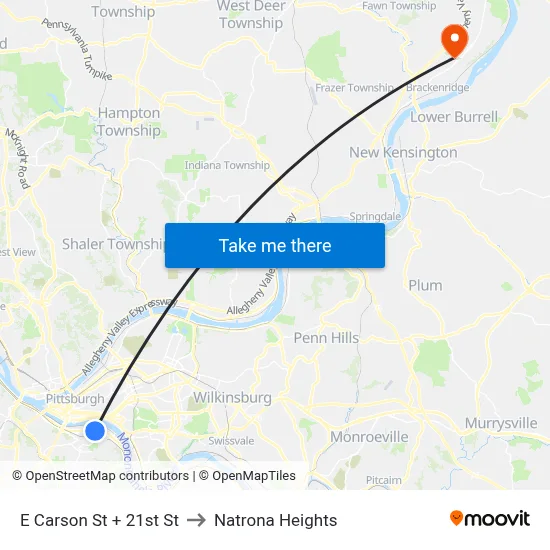 E Carson St + 21st St to Natrona Heights map