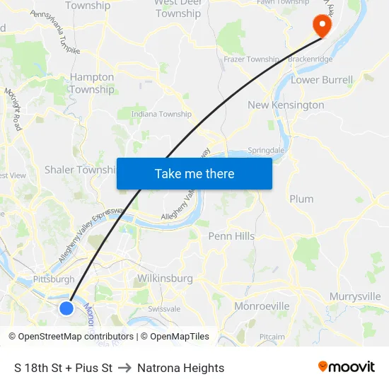 S 18th St + Pius St to Natrona Heights map