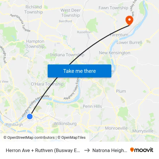 Herron Ave + Ruthven (Busway Ent) to Natrona Heights map