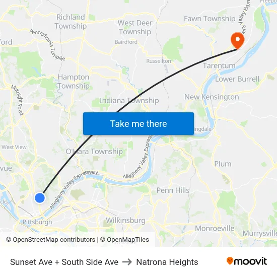 Sunset Ave + South Side Ave to Natrona Heights map