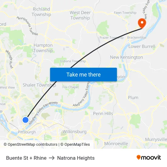 Buente St + Rhine to Natrona Heights map