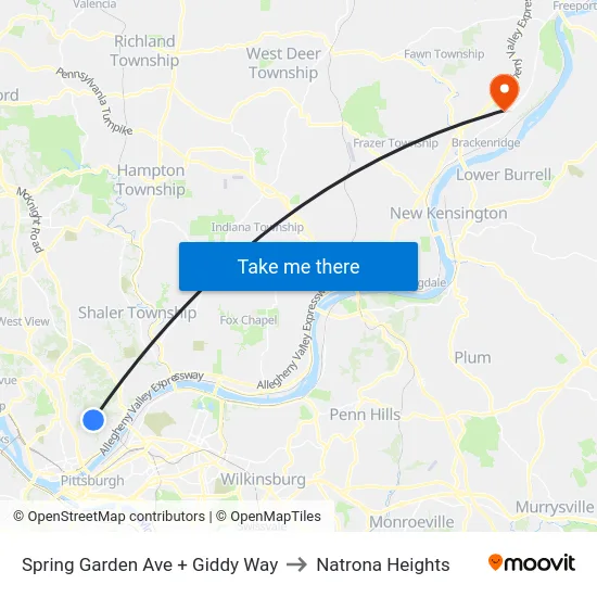 Spring Garden Ave + Giddy Way to Natrona Heights map