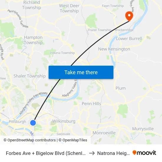 Forbes Ave + Bigelow Blvd (Schenley Dr) to Natrona Heights map