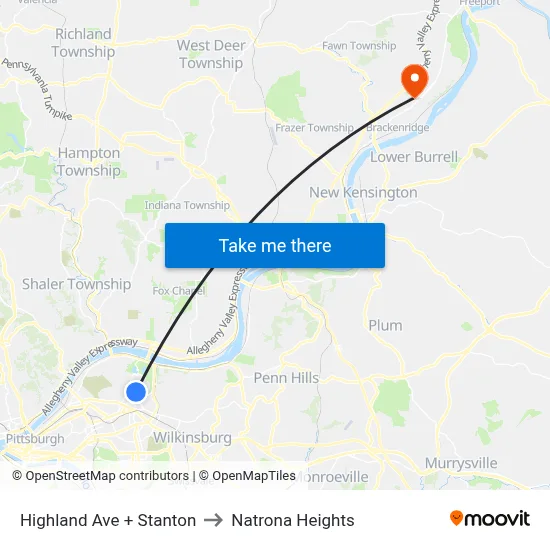 Highland Ave + Stanton to Natrona Heights map