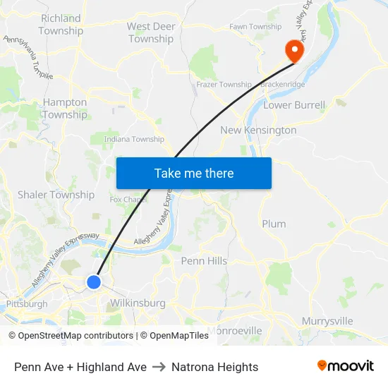 Penn Ave + Highland Ave to Natrona Heights map