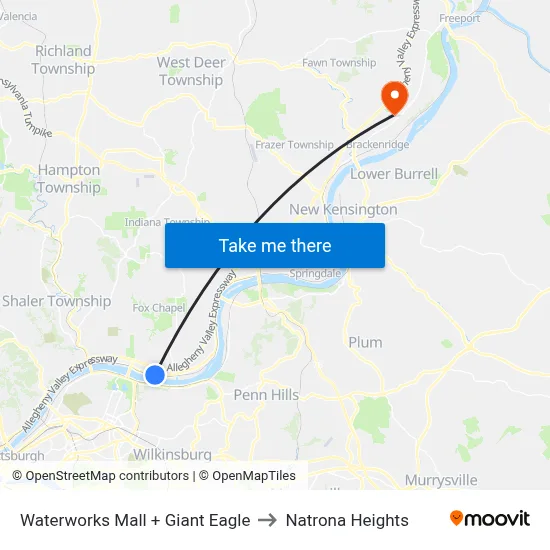 Waterworks Mall + Giant Eagle to Natrona Heights map