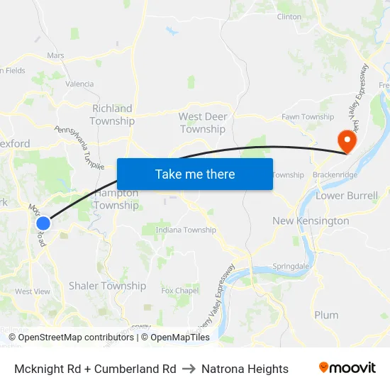 Mcknight Rd + Cumberland Rd to Natrona Heights map