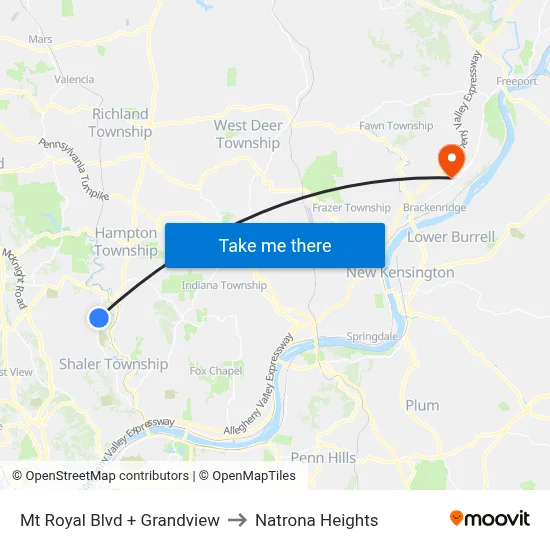 Mt Royal Blvd + Grandview to Natrona Heights map