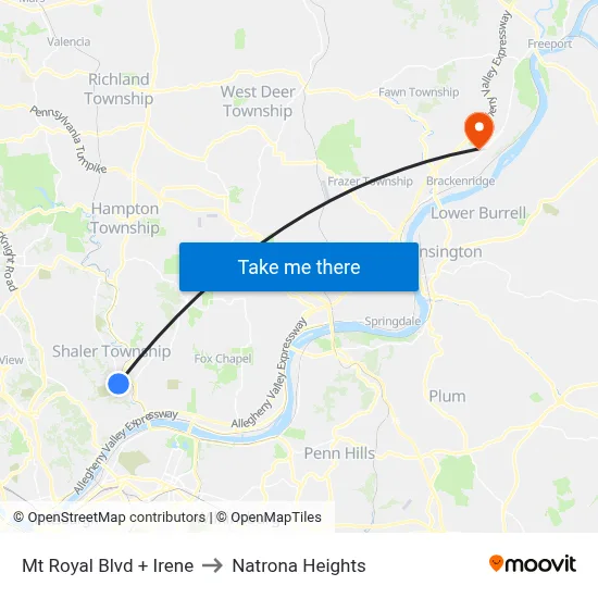 Mt Royal Blvd + Irene to Natrona Heights map