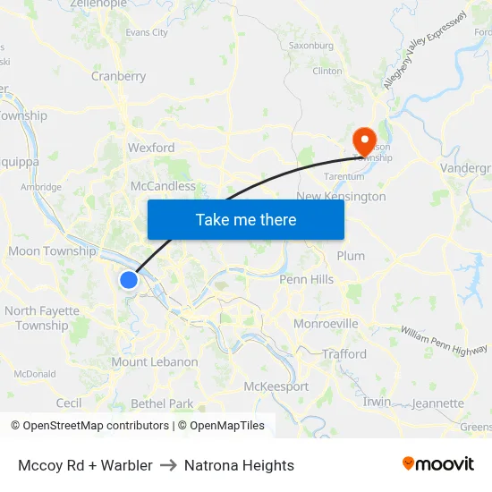 Mccoy Rd + Warbler to Natrona Heights map