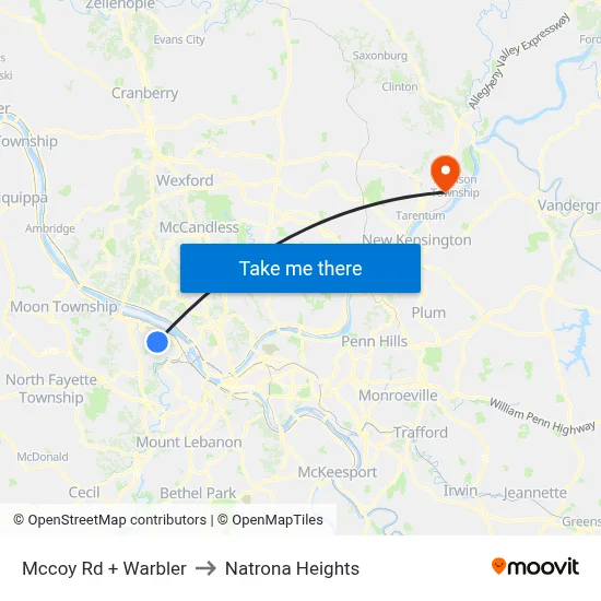 Mccoy Rd + Warbler to Natrona Heights map